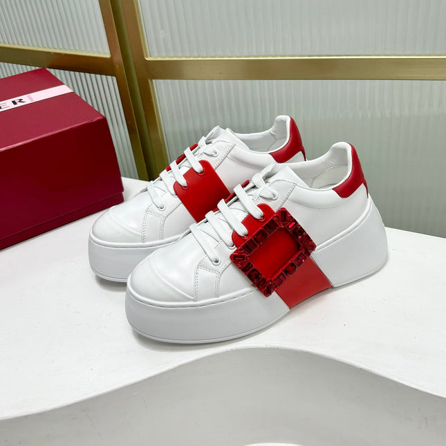 VIV' SKATE SNEAKERS IN WHITE CALFSKIN RED GLITTER STRAP AND CRYSTAL BUCKLE