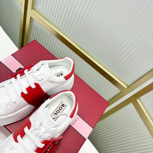 VIV' SKATE SNEAKERS IN WHITE CALFSKIN RED GLITTER STRAP AND CRYSTAL BUCKLE
