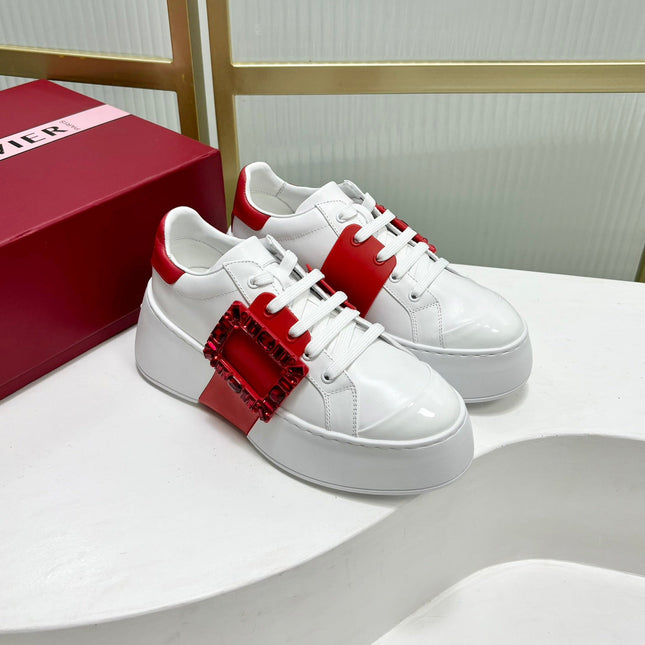 VIV' SKATE SNEAKERS IN WHITE CALFSKIN RED GLITTER STRAP AND CRYSTAL BUCKLE