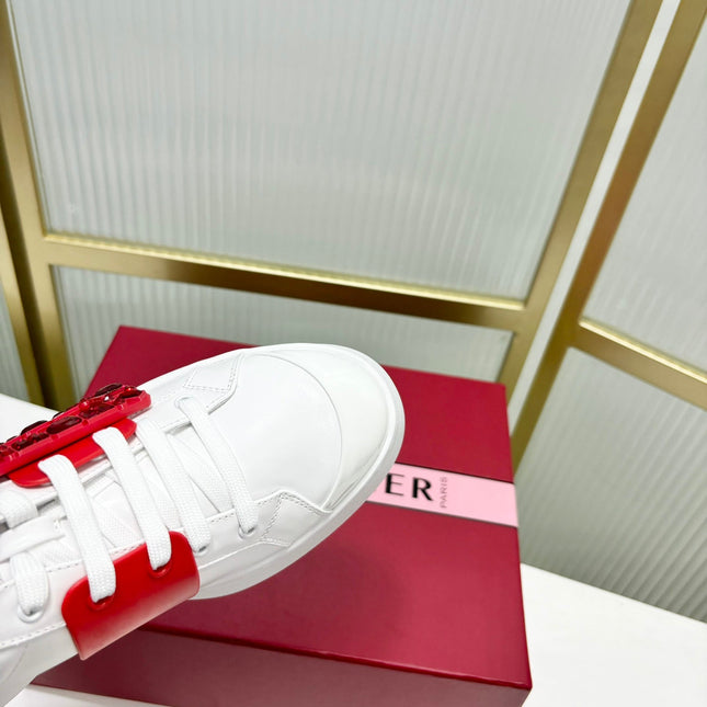 VIV' SKATE SNEAKERS IN WHITE CALFSKIN RED GLITTER STRAP AND CRYSTAL BUCKLE