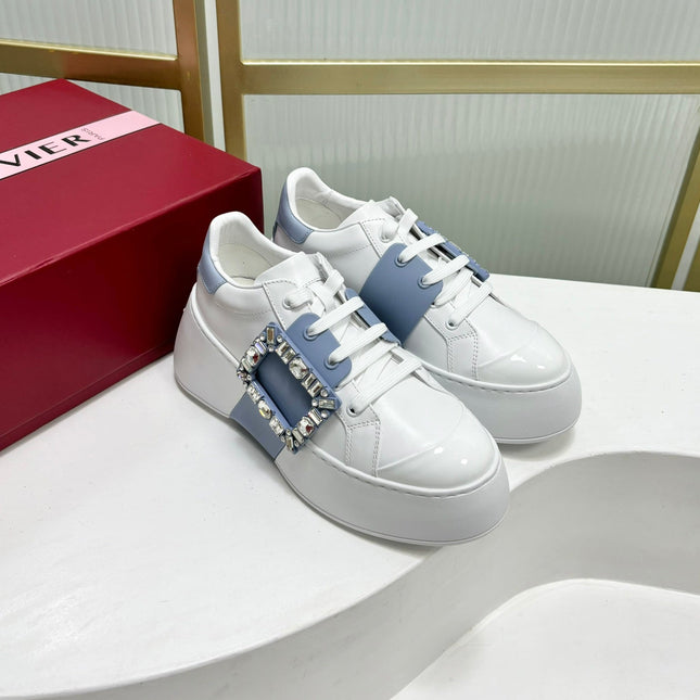 VIV' SKATE SNEAKERS IN WHITE CALFSKIN LIGHT BLUE GLITTER STRAP AND CRYSTAL BUCKLE