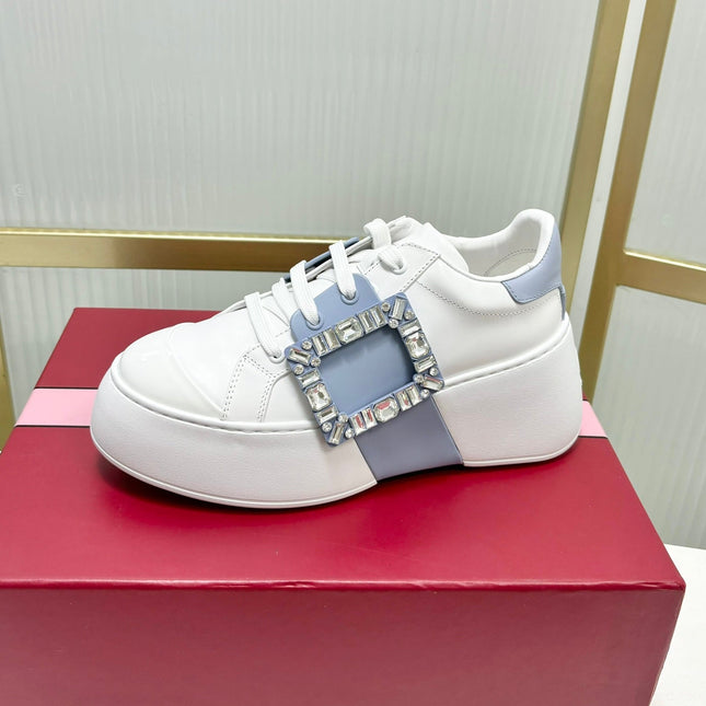 VIV' SKATE SNEAKERS IN WHITE CALFSKIN LIGHT BLUE GLITTER STRAP AND CRYSTAL BUCKLE