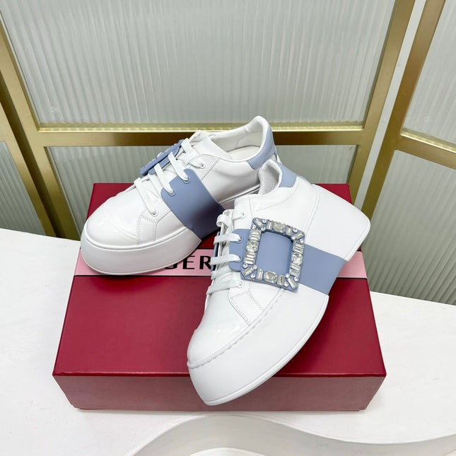 VIV' SKATE SNEAKERS IN WHITE CALFSKIN LIGHT BLUE GLITTER STRAP AND CRYSTAL BUCKLE