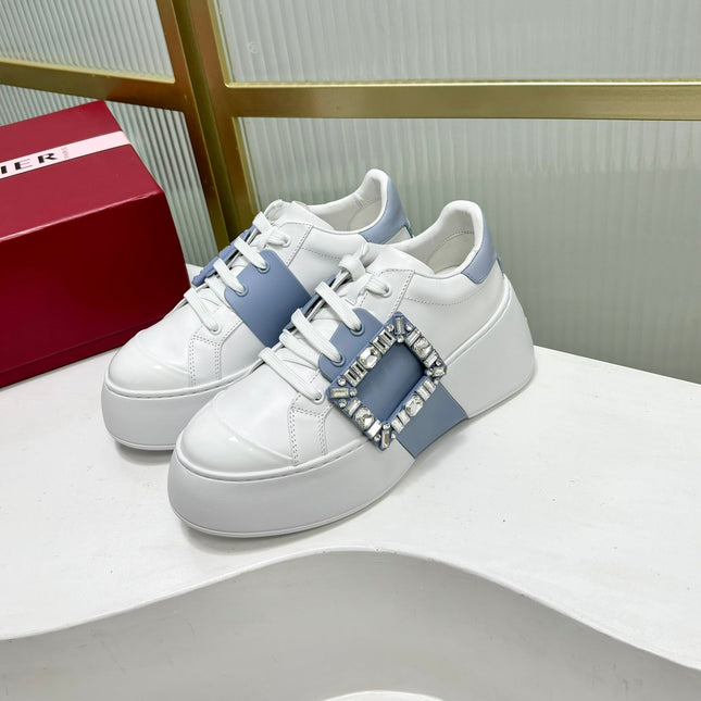 VIV' SKATE SNEAKERS IN WHITE CALFSKIN LIGHT BLUE GLITTER STRAP AND CRYSTAL BUCKLE