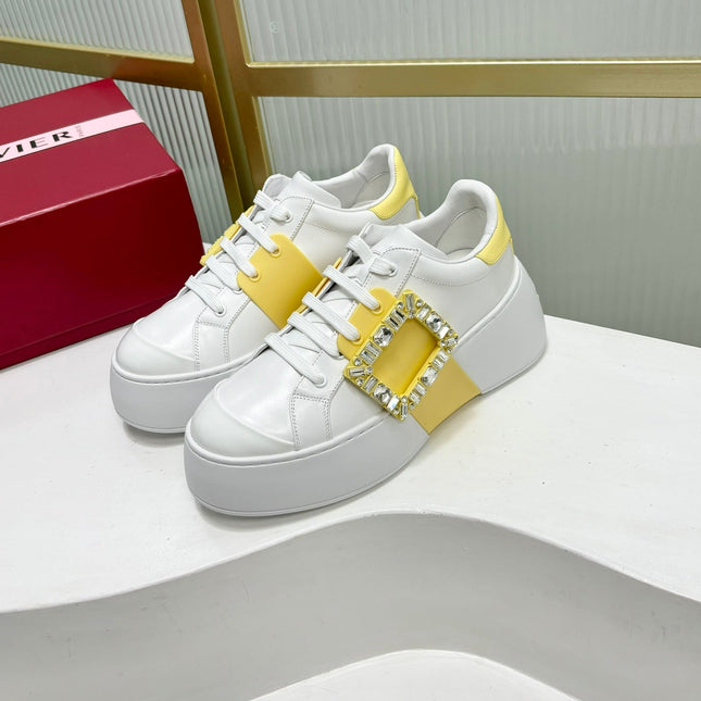 VIV' SKATE SNEAKERS IN WHITE CALFSKIN YELLOW GLITTER STRAP AND CRYSTAL BUCKLE