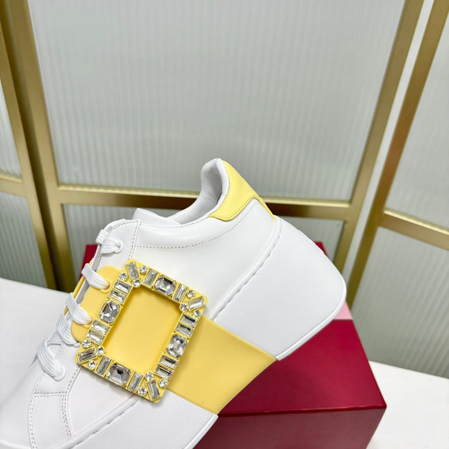 VIV' SKATE SNEAKERS IN WHITE CALFSKIN YELLOW GLITTER STRAP AND CRYSTAL BUCKLE