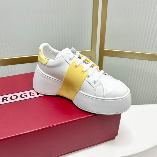 VIV' SKATE SNEAKERS IN WHITE CALFSKIN YELLOW GLITTER STRAP AND CRYSTAL BUCKLE