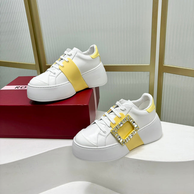 VIV' SKATE SNEAKERS IN WHITE CALFSKIN YELLOW GLITTER STRAP AND CRYSTAL BUCKLE