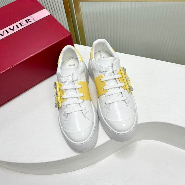 VIV' SKATE SNEAKERS IN WHITE CALFSKIN YELLOW GLITTER STRAP AND CRYSTAL BUCKLE