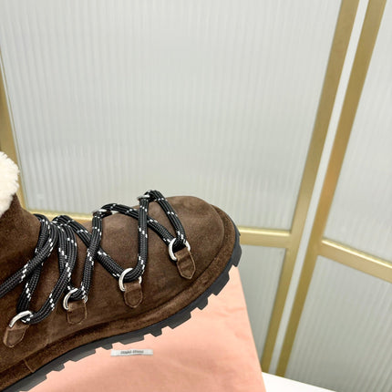 LACE-UP ANKLE BOOTS IN CHOCOLATE SUEDE AND FLEECE LINING