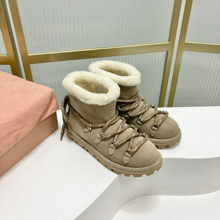 LACE-UP ANKLE BOOTS IN BEIGE SUEDE AND FLEECE LINING