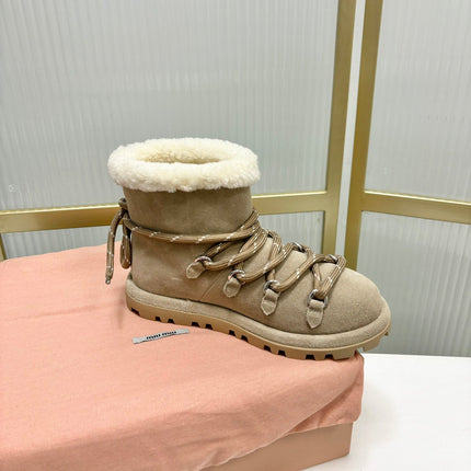 LACE-UP ANKLE BOOTS IN BEIGE SUEDE AND FLEECE LINING