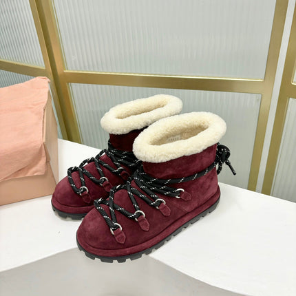 LACE-UP ANKLE BOOTS IN BERRY RED SUEDE AND FLEECE LINING