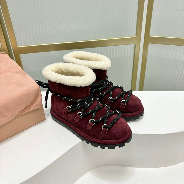 LACE-UP ANKLE BOOTS IN BERRY RED SUEDE AND FLEECE LINING