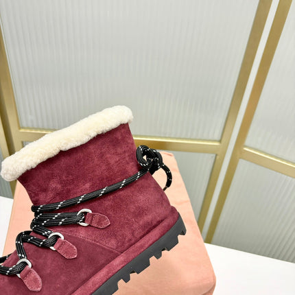 LACE-UP ANKLE BOOTS IN BERRY RED SUEDE AND FLEECE LINING