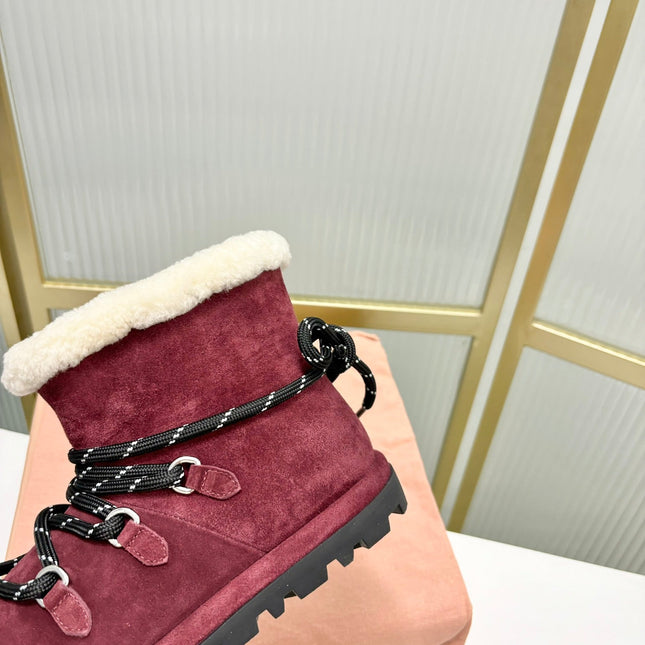 LACE-UP ANKLE BOOTS IN BERRY RED SUEDE AND FLEECE LINING