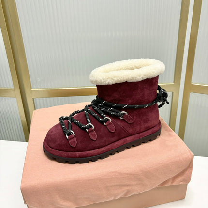 LACE-UP ANKLE BOOTS IN BERRY RED SUEDE AND FLEECE LINING