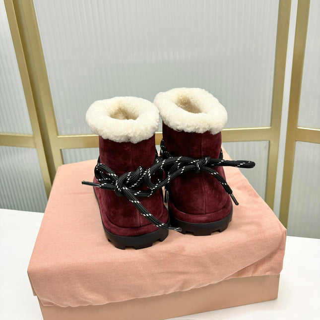 LACE-UP ANKLE BOOTS IN BERRY RED SUEDE AND FLEECE LINING