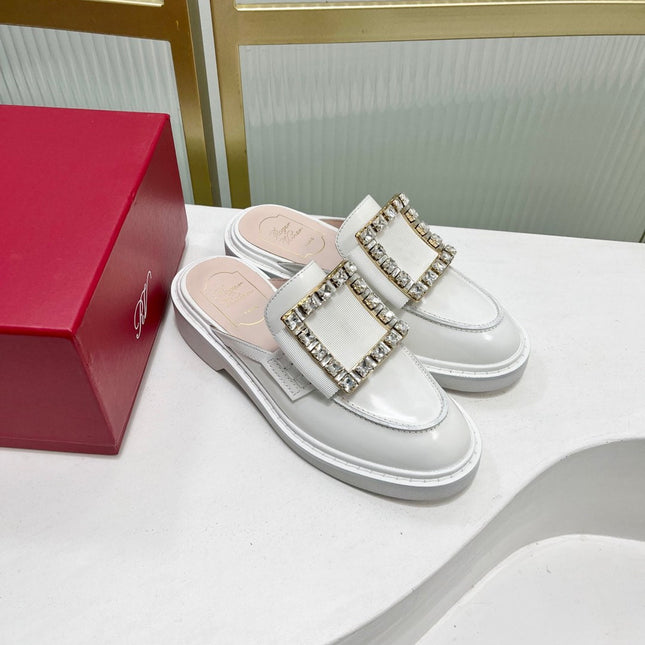 VIV' RANGERS MULES IN WHITE CALFSKIN CRYSTAL BUCKLE