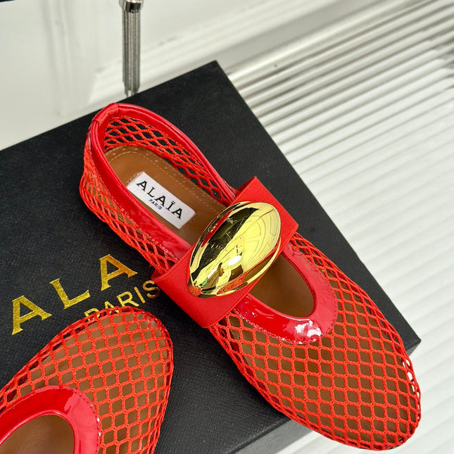 ALAIA MARY JANE SHOES IN CHERRY RED MESH WITH GOLD HARDWARE