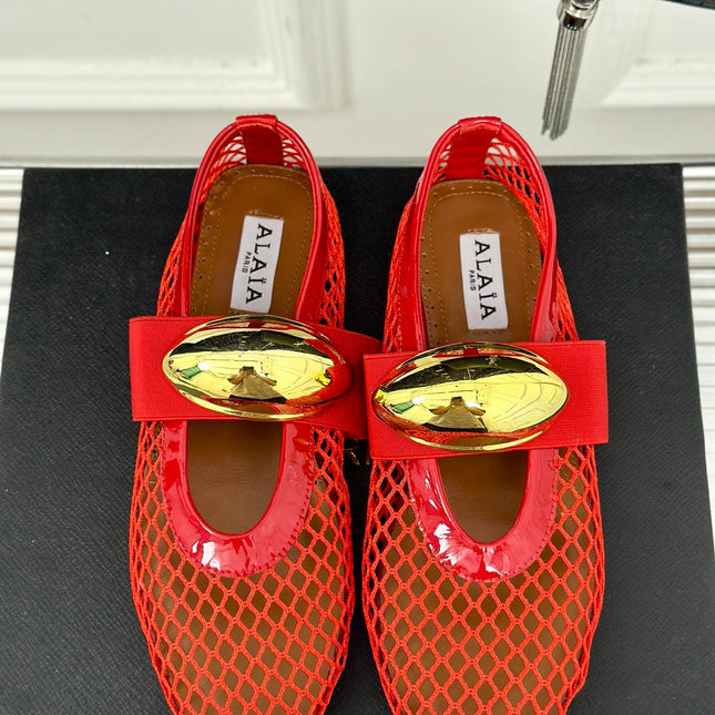 ALAIA MARY JANE SHOES IN CHERRY RED MESH WITH GOLD HARDWARE