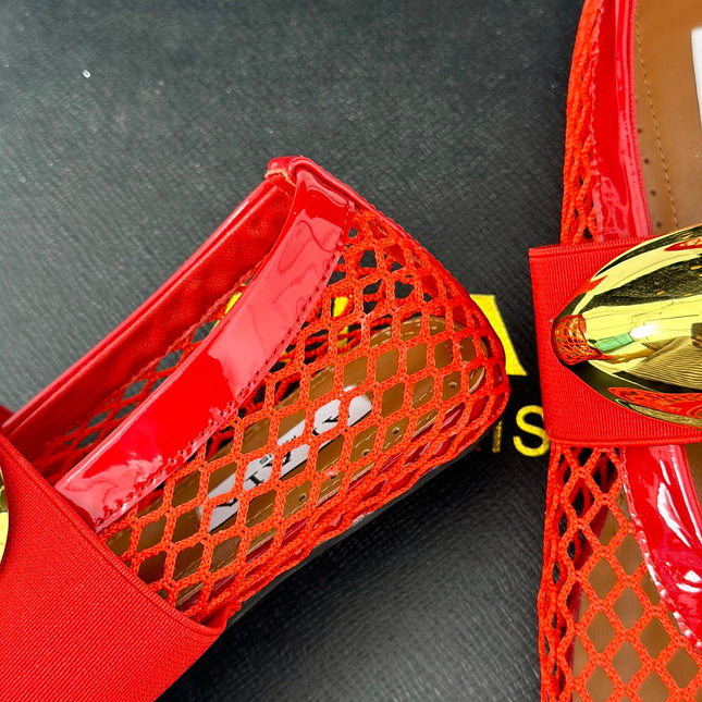 ALAIA MARY JANE SHOES IN CHERRY RED MESH WITH GOLD HARDWARE