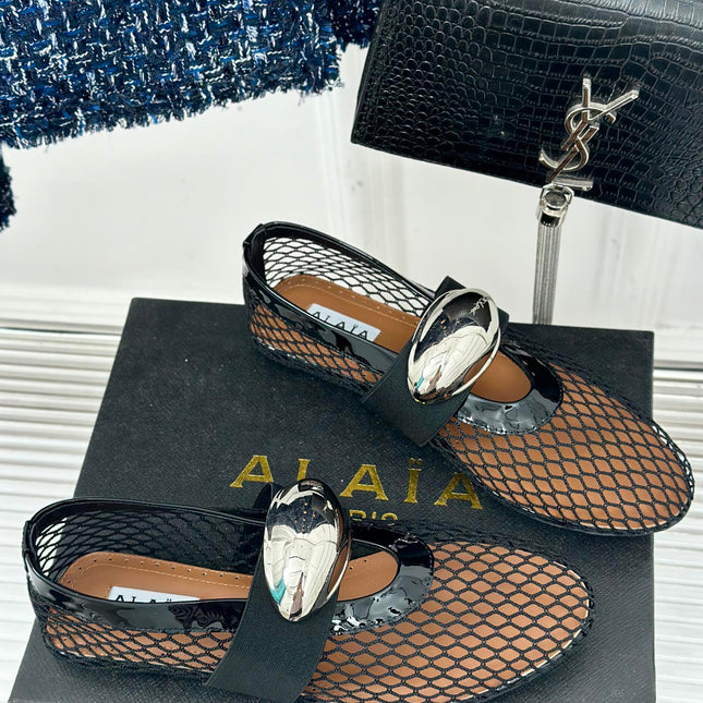 ALAIA MARY JANE SHOES IN BLACK MESH WITH SILVER HARDWARE
