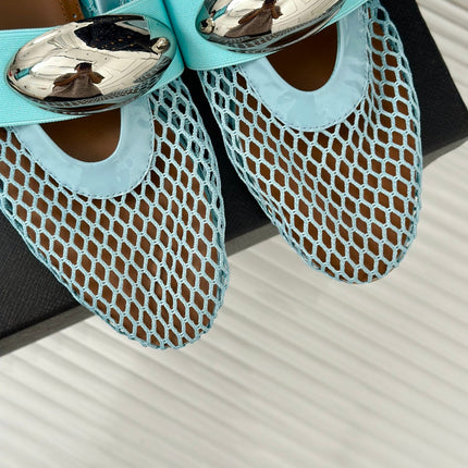 ALAIA MARY JANE SHOES IN SKY BLUE MESH WITH SILVER HARDWARE