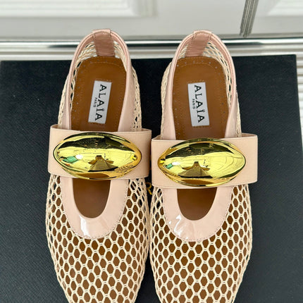 ALAIA MARY JANE SHOES IN BEIGE MESH WITH GOLD HARDWARE