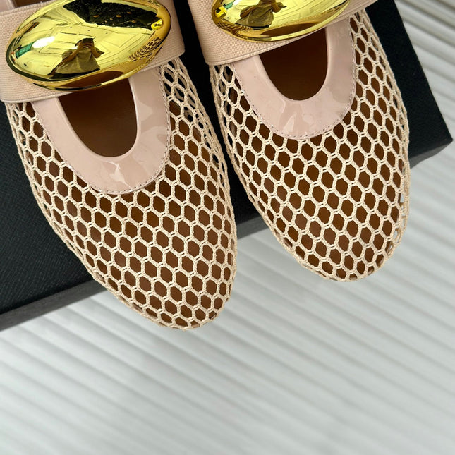 ALAIA MARY JANE SHOES IN BEIGE MESH WITH GOLD HARDWARE