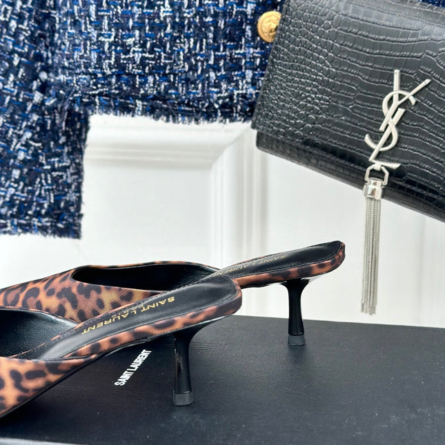 SL BARBARA MULES 55 LEOPARD MOTIF SATIN