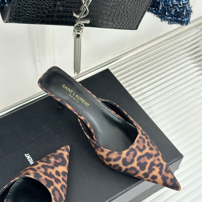SL BARBARA MULES 55 LEOPARD MOTIF SATIN