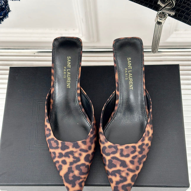 SL BARBARA MULES 55 LEOPARD MOTIF SATIN
