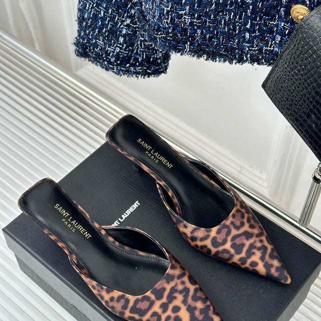 SL BARBARA MULES 55 LEOPARD MOTIF SATIN