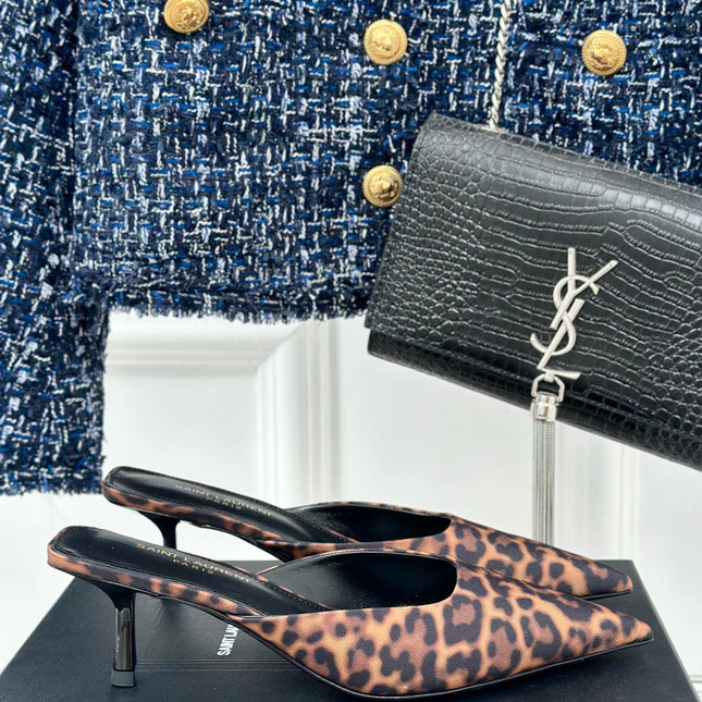 SL BARBARA MULES 55 LEOPARD MOTIF SATIN