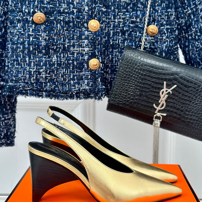 HIGH HEEL 75 MM POINTED- TOE SANDAL IN GOLD CALFSKIN