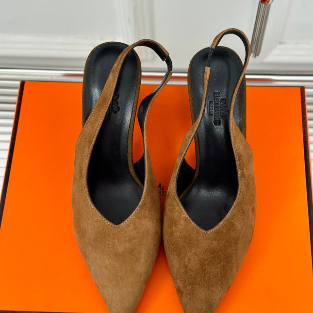 HIGH HEEL 75 MM POINTED- TOE SANDAL IN CIDER BROWN SUEDE