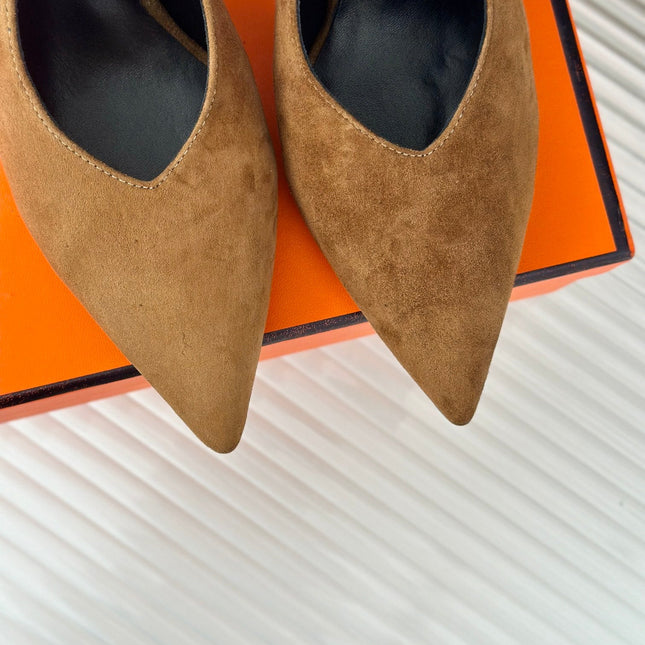 HIGH HEEL 75 MM POINTED- TOE SANDAL IN CIDER BROWN SUEDE