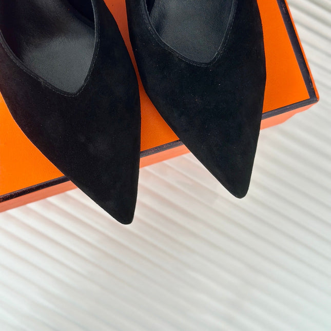 HIGH HEEL 75 MM POINTED- TOE SANDAL IN BLACK SUEDE