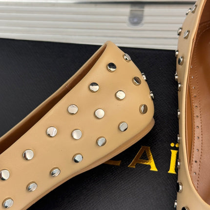 STUD-EMBELLISHED BALLET FLATS IN SEPIA TAN CALFSKIN