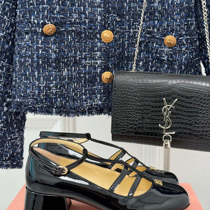 BALLET PUMPS WITH STRAP IN BLACK GLOSSY LAMBSKIN