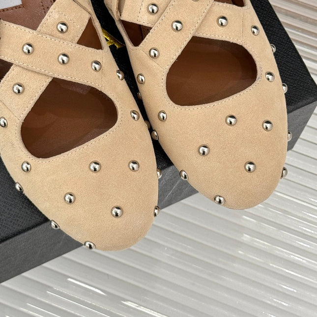 CROSSED STRAP BALLET FLATS IN TUSCAN BEIGE SUEDE