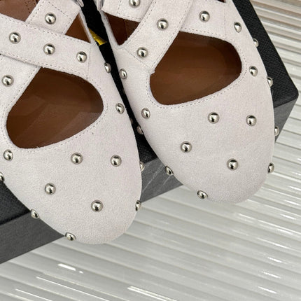 CROSSED STRAP BALLET FLATS IN WHITE SUEDE