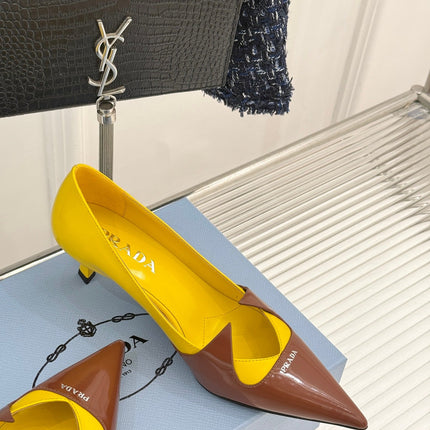 KITTEN HEEL PUMPS IN YELLOW MIX BROWN ORANGE CALFSKIN