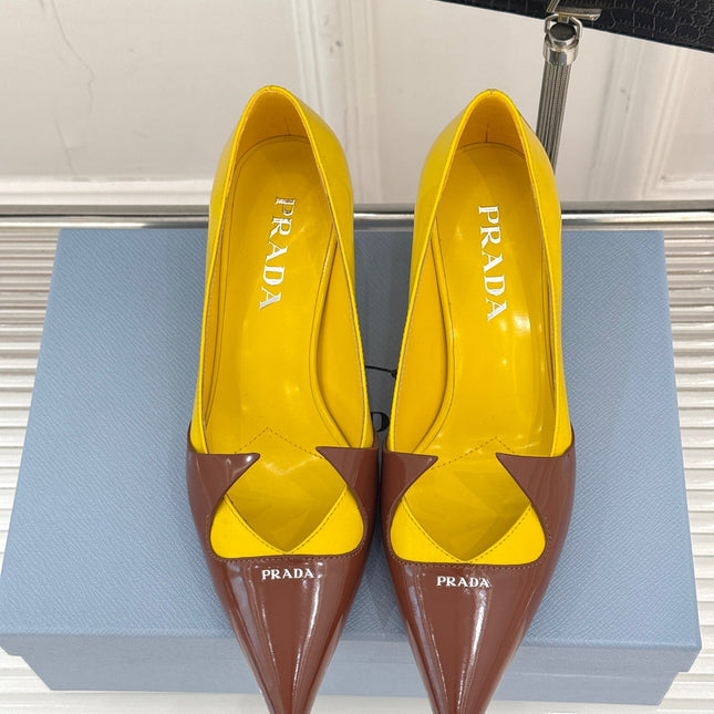 KITTEN HEEL PUMPS IN YELLOW MIX BROWN ORANGE CALFSKIN