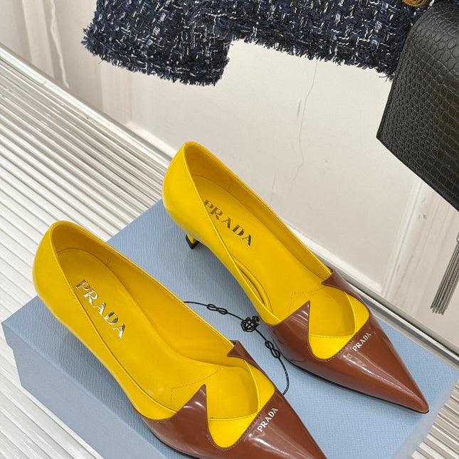KITTEN HEEL PUMPS IN YELLOW MIX BROWN ORANGE CALFSKIN