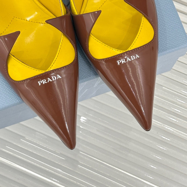 KITTEN HEEL PUMPS IN YELLOW MIX BROWN ORANGE CALFSKIN