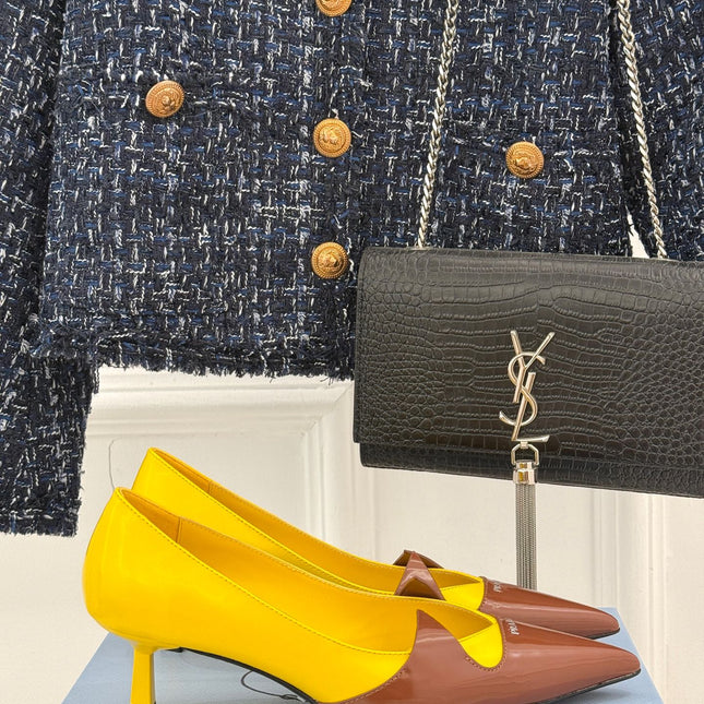 KITTEN HEEL PUMPS IN YELLOW MIX BROWN ORANGE CALFSKIN