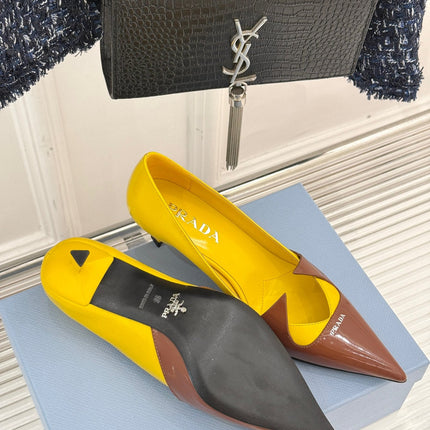 KITTEN HEEL PUMPS IN YELLOW MIX BROWN ORANGE CALFSKIN