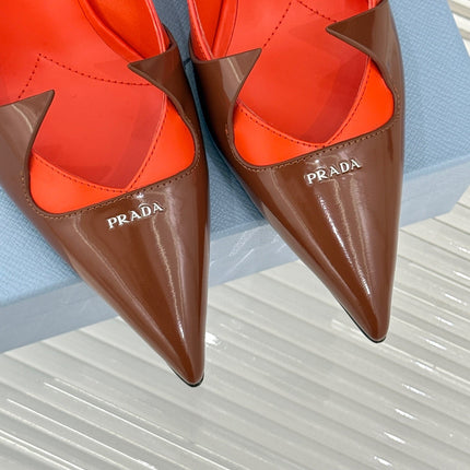 KITTEN HEEL PUMPS IN BROWN MIX ORANGE CALFSKIN
